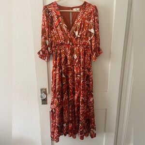 ENTRO boho boutique feminine cottage style Red pink orange floral Dress small